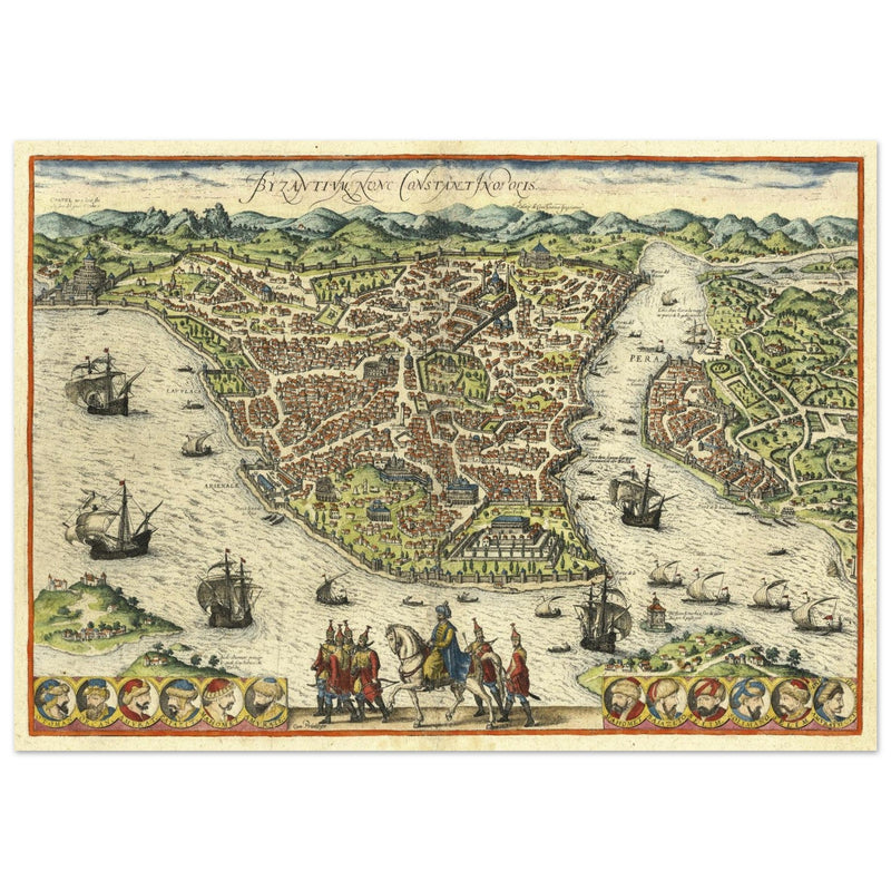 Istanbul ancient map. Byzantium Nunc Constantinopolis by Georg Braun