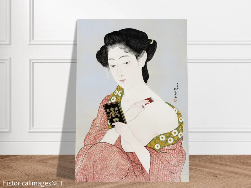Hashiguchi Goyo woodblock print Make up Japanese woman applying make up and looking at her mirror