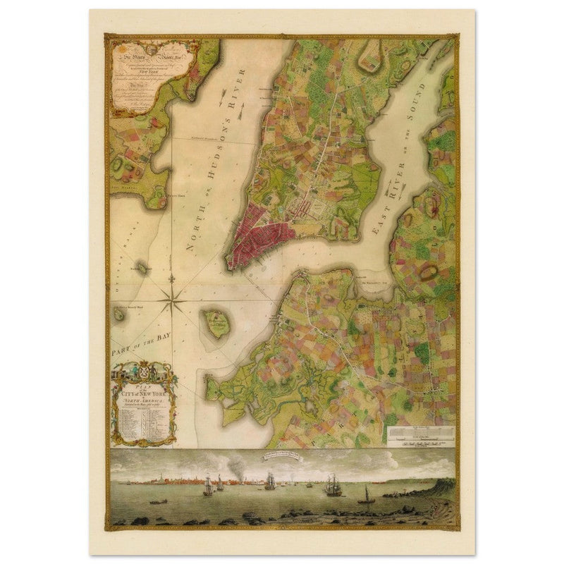 Beautiful antique old map from above of New York City 1770 by Bernad Ratzer