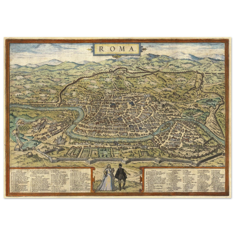 Ancient map of Rome with engravings by Georg Braun and Frans Hogenberg.