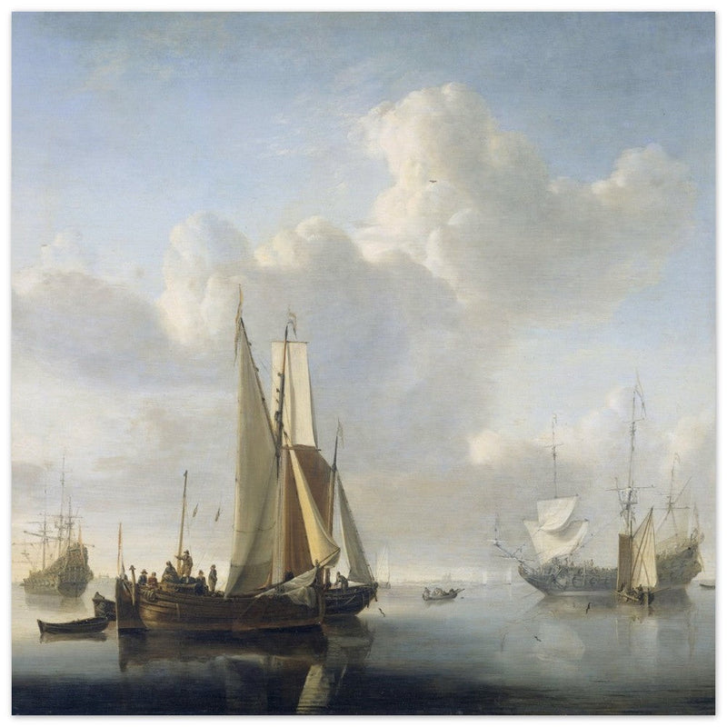 Willem van de Velde Ships before the coast. Marine landscape painting.