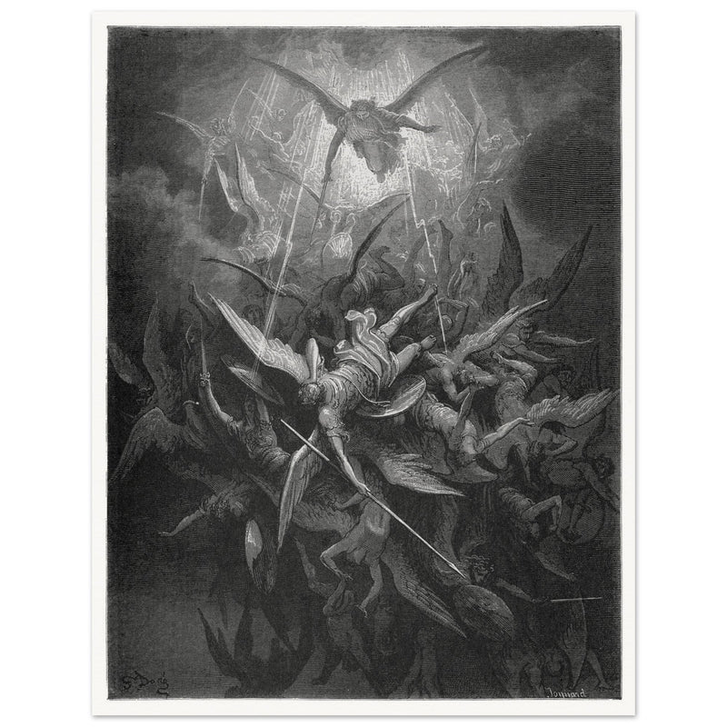 Gustave Dore  Paradise Lost engraving . Dawnfall of Satan with his fallen angels driven out from Heaven .