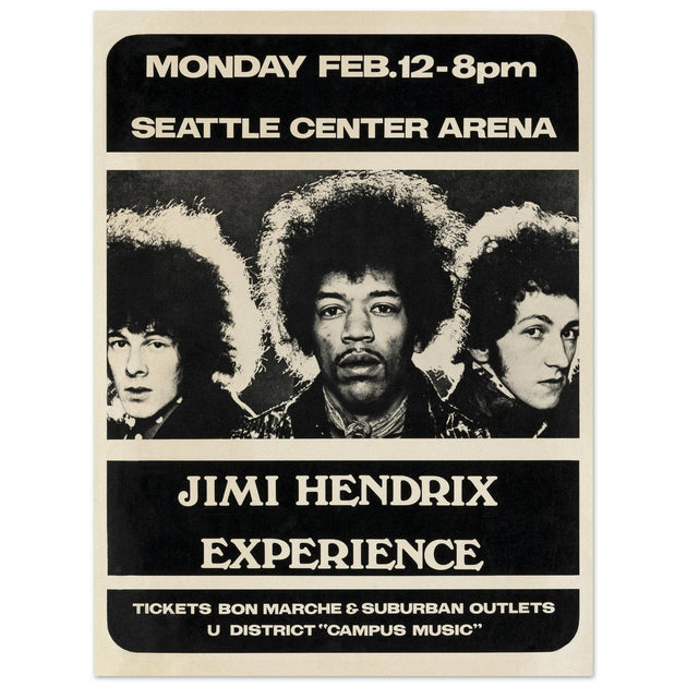 Jimi Hendrix concert poster of his performance at the Seattle Center Arena in 1968.