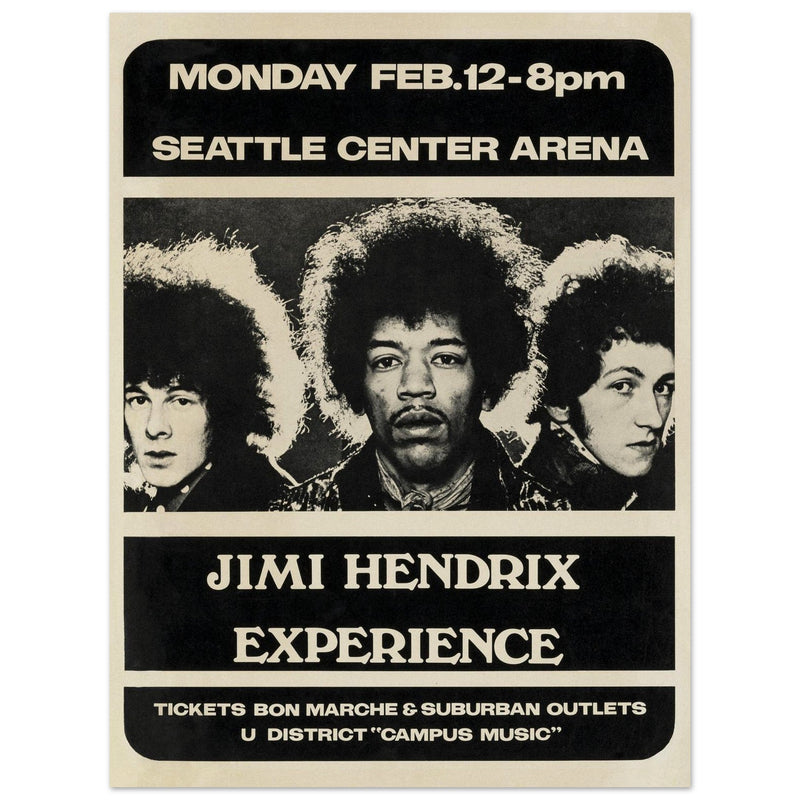 Jimi Hendrix concert poster of his performance at the Seattle Center Arena in 1968.