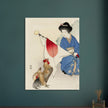 Woman with Japanese flag and a rooster by Takeuchi Keishu