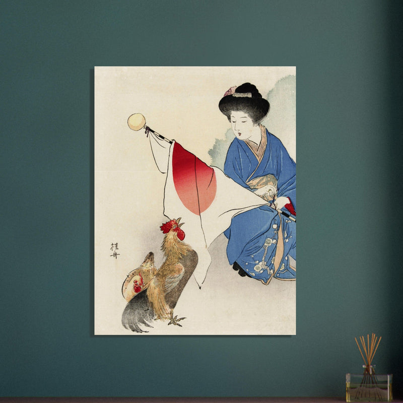 Woman with Japanese flag and a rooster by Takeuchi Keishu