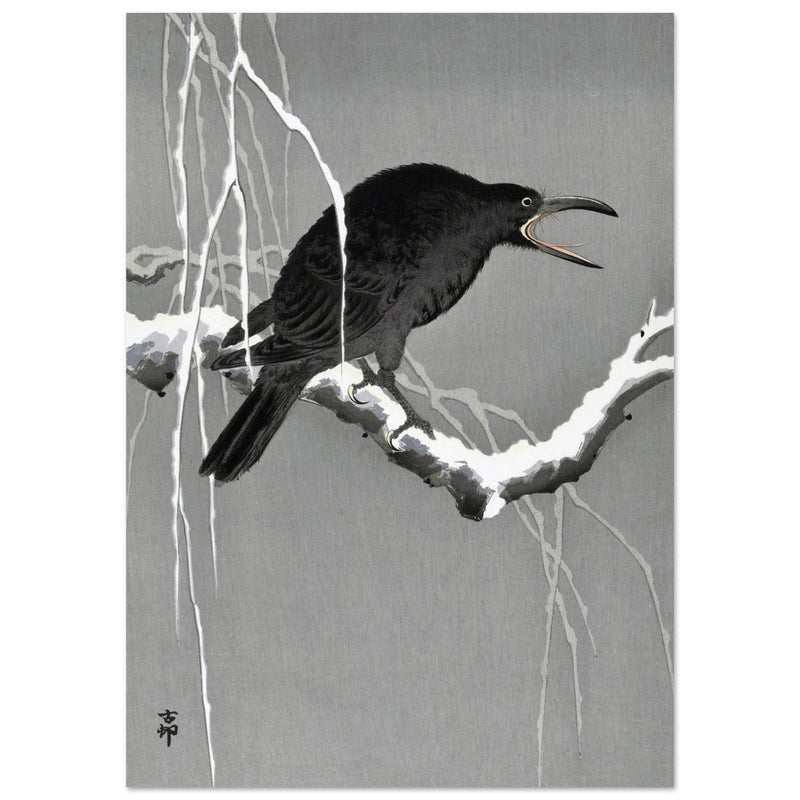 Crow on snowy tree branch by Ohara Koson, ,