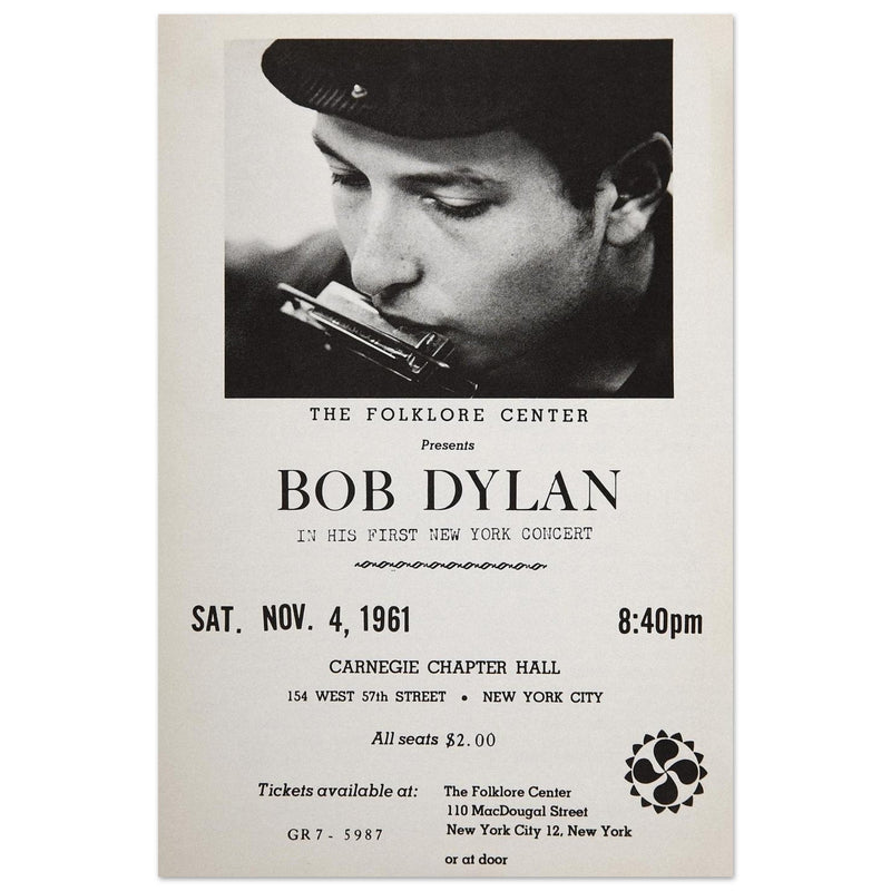 Bob Dylan concert poster in Carnegie Chapter Hall 1961.