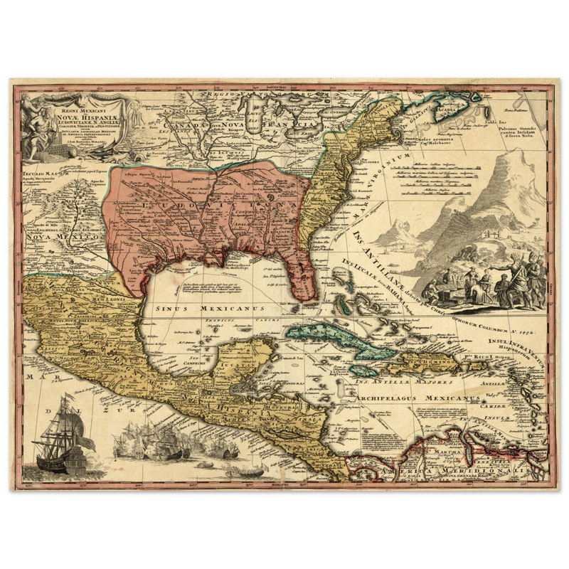 Ancient map of North America. Regni Mexicani seu Novae Hispaniae, Ludovicianae, N. Angliae, Carolinae, Virginae et Pennsylvaniae by Johann Baptist Homann