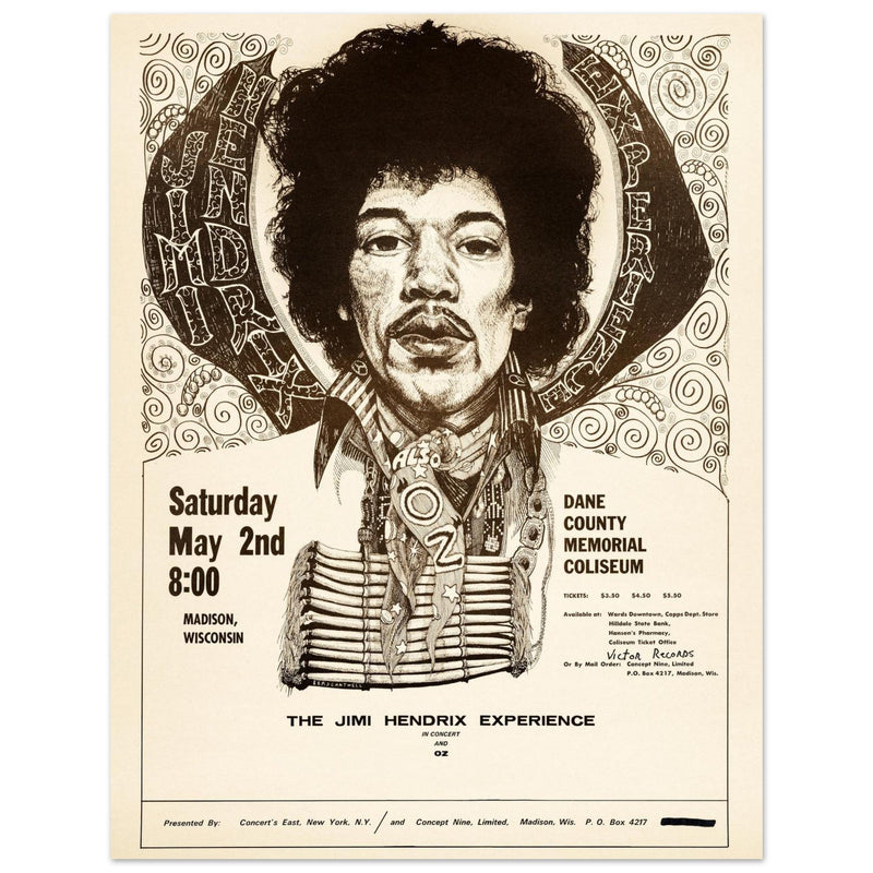 Jimy Hendrix vintage concert poster . Performance in Madison Wisconsin in 1970.