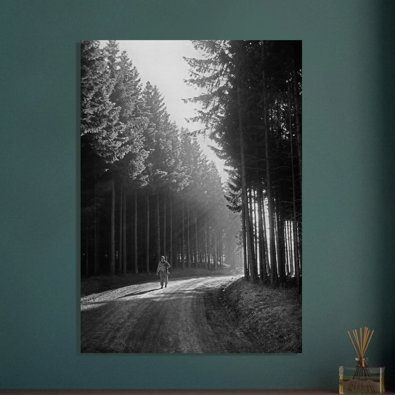 World War 2 poster. American soldier walking along forest near Bastogne .