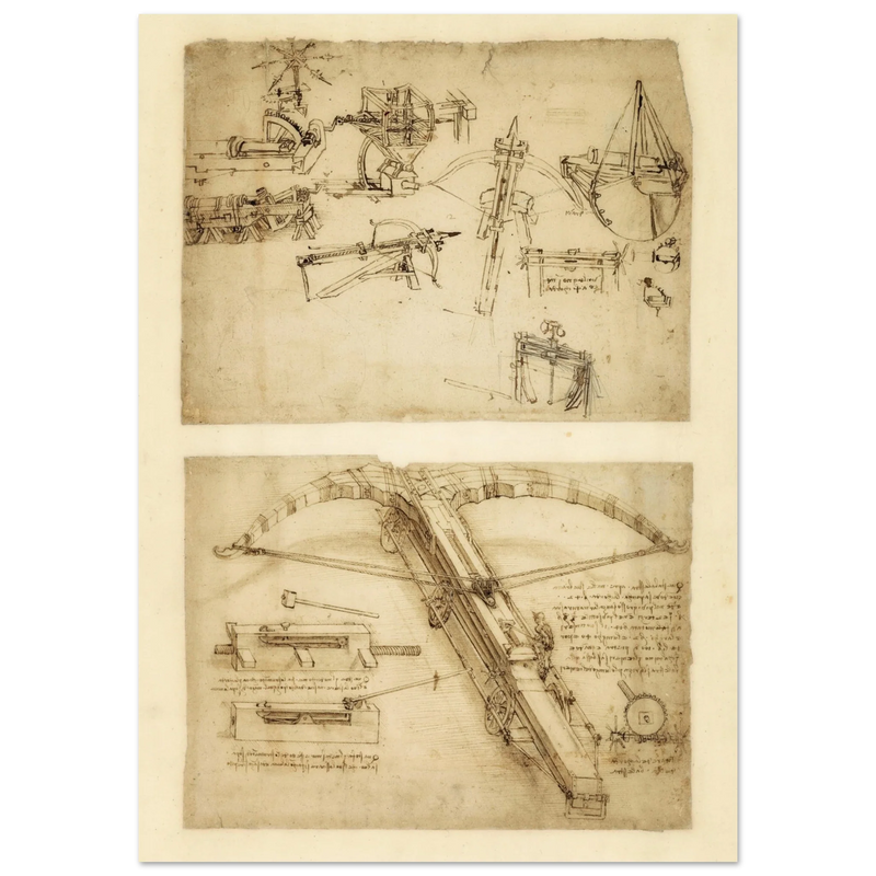 Leonardo da Vinci Atlantic Codex (Codex Atlanticus) Giant crossbow drawing reproduction.