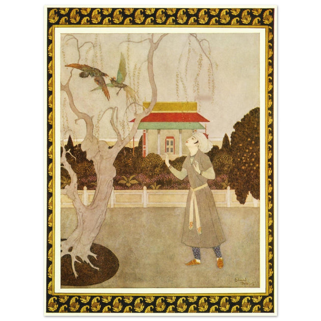 Edmund Dulac and one of his illustration for Princess Badoura fairy tale. Prince Camaralzaman and the Birds.