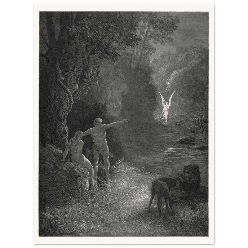 Gustave Dore Paradise Lost engraving . Adam and Eve and Archangel Raphael in eden.