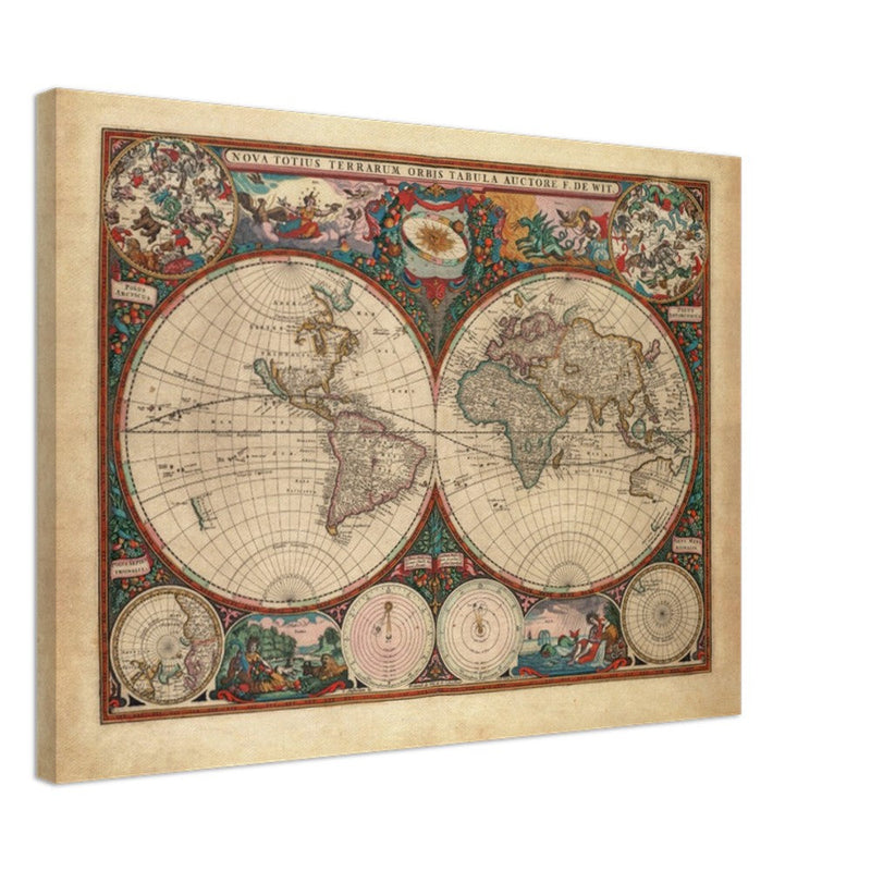 1660 Ancient old world map. Double hemisphere antique map reproduction.