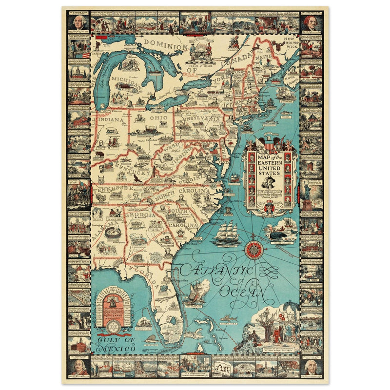 Vintage pictorical map of Map of the Eastern United States by Griswold Tyng. History of the USA.