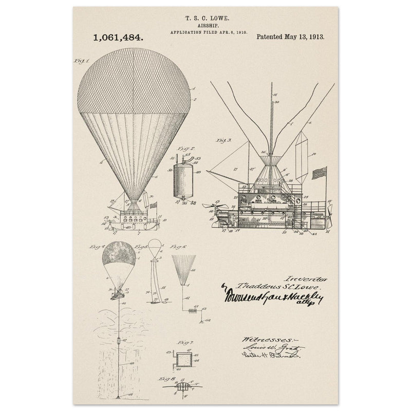 Airship patent illustration by T S C Lowe. Air Balloon