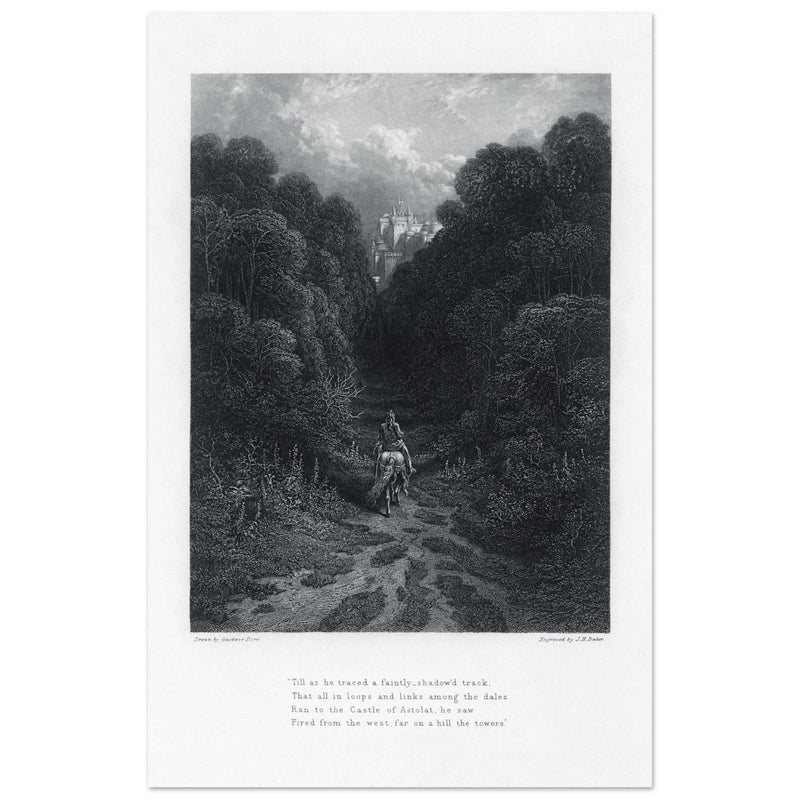 Gustave Dore illustration of King Arthur legend .Lancelot approaching the Castle of Astolat, Idylls of the King by Alfred Tennyson.