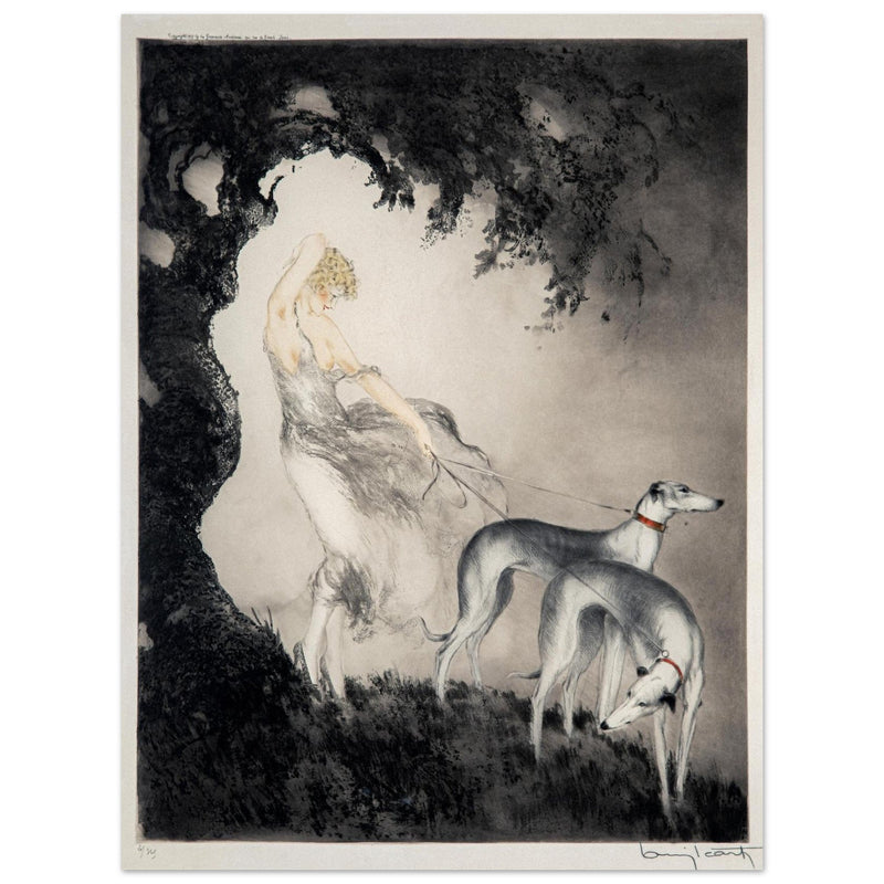 Louis Icart’s Gust of Wind (1925) Woman with her greyhound dogs.