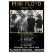 Pink Floyd music concert poster part of tour 72 Rainbow Theatre London.