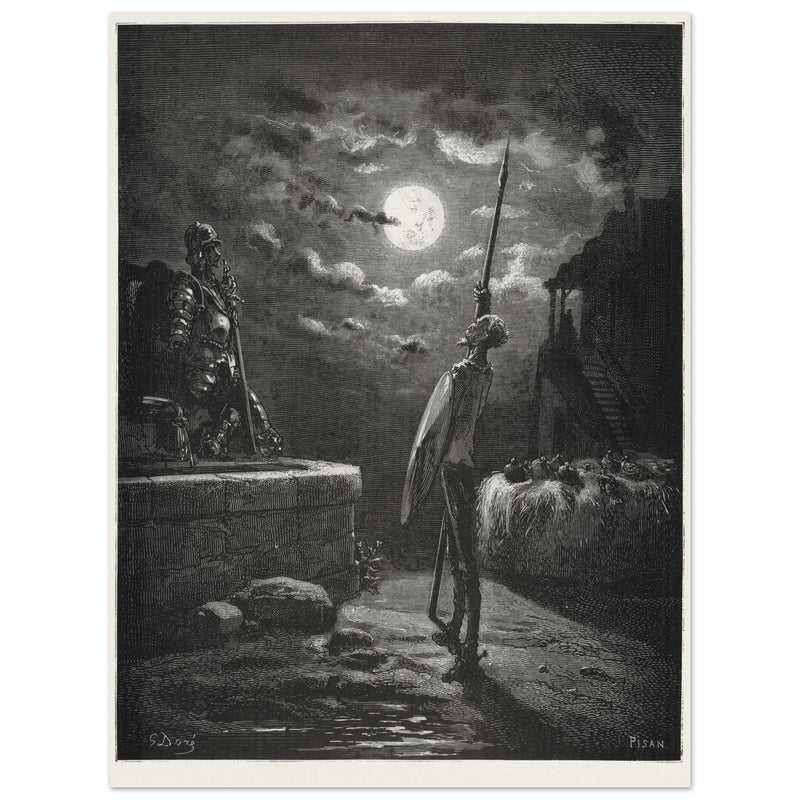 Don Quixote by Gustave Dore. The knight raising his sword against the moon at night.