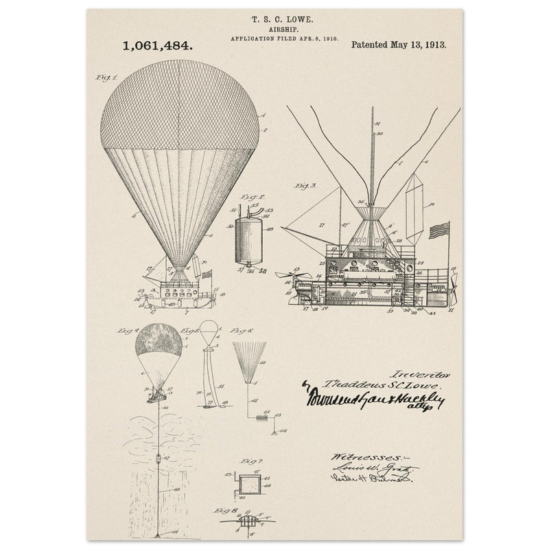 Airship patent illustration by T S C Lowe. Air Balloon