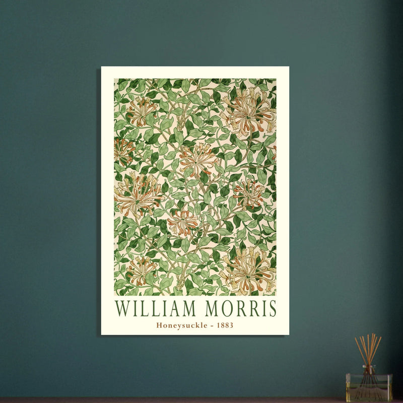 William Morris art print Honeysuckle wallpaper. Vintage flower and leaves poster.