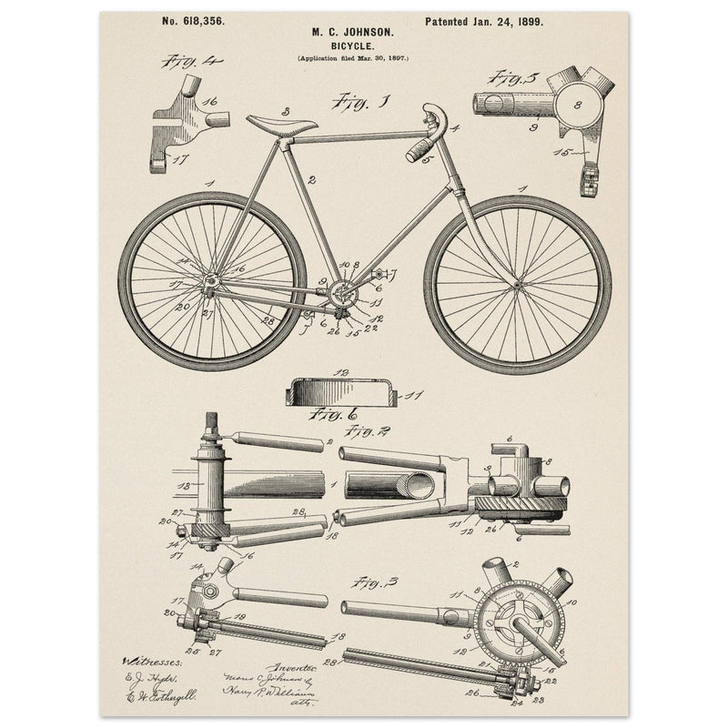 Vintage bicycle patent 1899 by M. C Johnson.