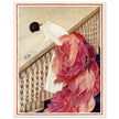 George Wolfe Plank vintage fashion magazine illustration. Woman on staircase throwing down rose flower.