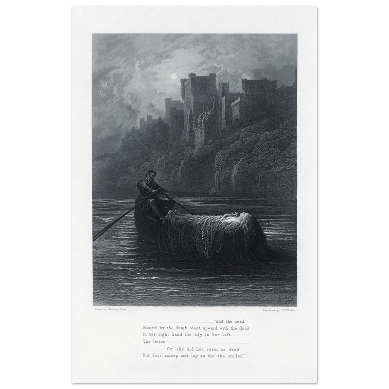 Gustave Dore illustration .The Body of Elaine on its way to King Arthur's Palace. Idylls of the King by Alfred Tennyson.