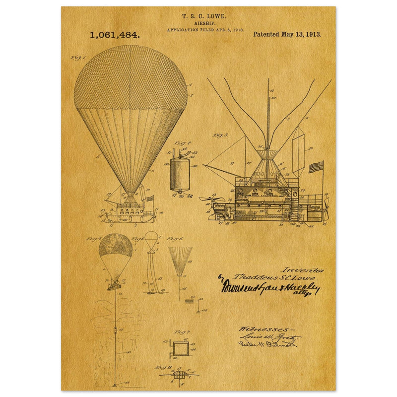 Airship patent illustration by T S C Lowe. Air Balloon