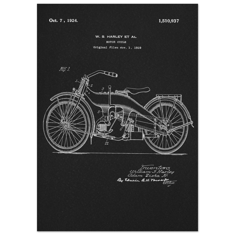 Vintage motorcycle patent by William S Harley founder of harley davidson.