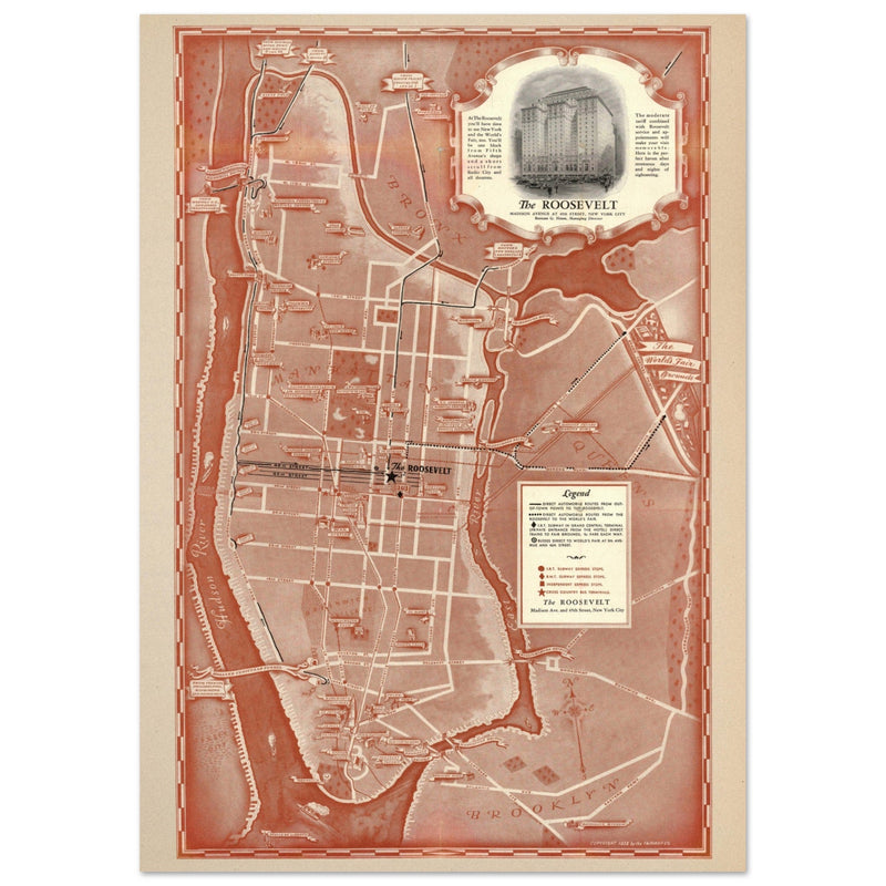1938 New York City map. Created as an advertisement for the Roosevelt Hotel it includes major streets of Manhattan