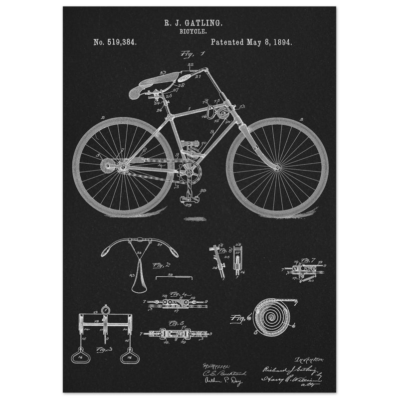 Vintage bicycle patent by Richard J Gatling 1894