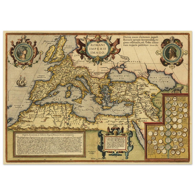 Old map of the Roman Empire by Abraham Ortelius . Poster vintage reproduction of 1579 cartography