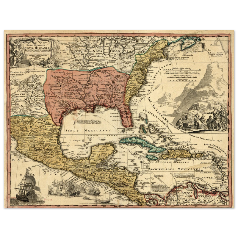 Ancient map of North America. Regni Mexicani seu Novae Hispaniae, Ludovicianae, N. Angliae, Carolinae, Virginae et Pennsylvaniae by Johann Baptist Homann