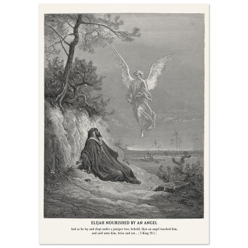 Gustave Dore The Bible engraving print . Elijah nourished by an angel illustration .