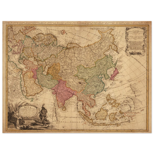 Ancient vintage map of Asia. Beautiful  from an antique asian map of the XVIII century. Art print.