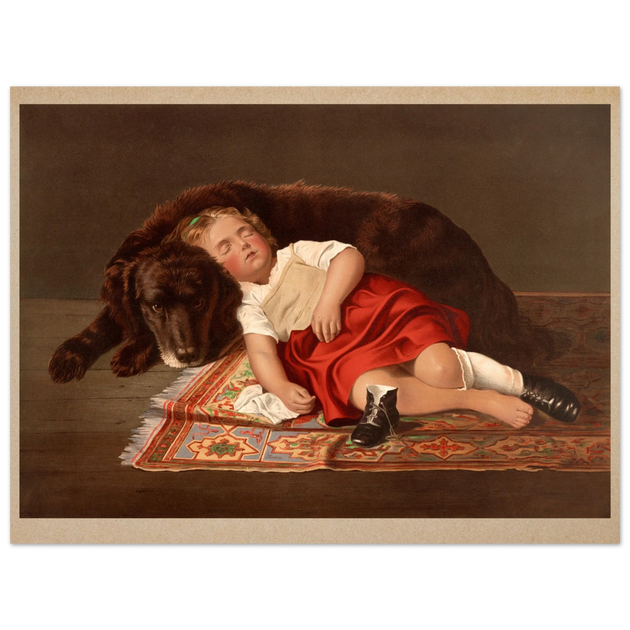 Young girl sleeping with her dog vintage poster reproduction 1871