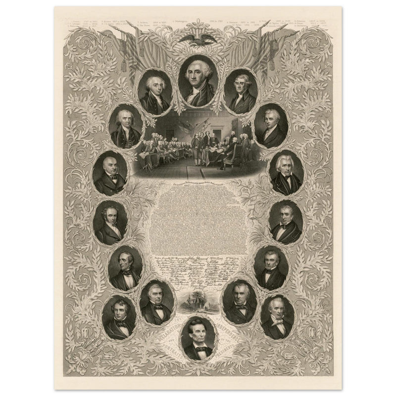 The Declaration of Independence and portraits of the United States  presidents. Walla rt decor