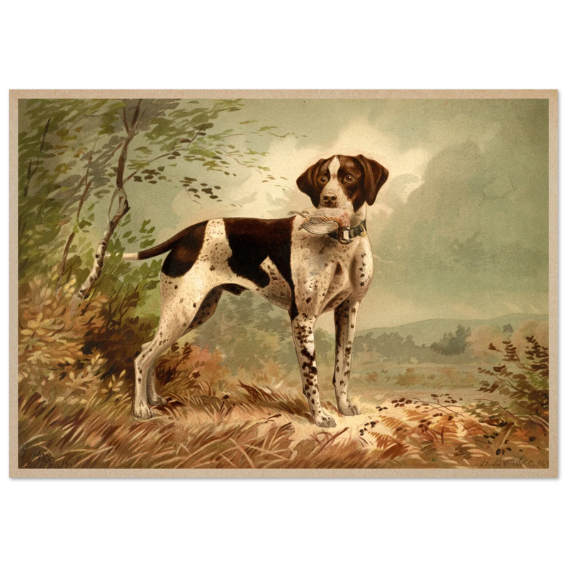 Hunting dog vintage painting poster with partridge in mouth