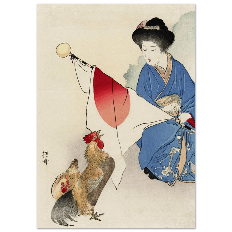 Woman with Japanese flag and a rooster by Takeuchi Keishu