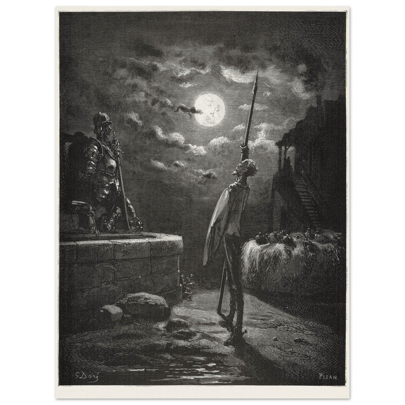 Don Quixote by Gustave Dore. The knight raising his sword against the moon at night.