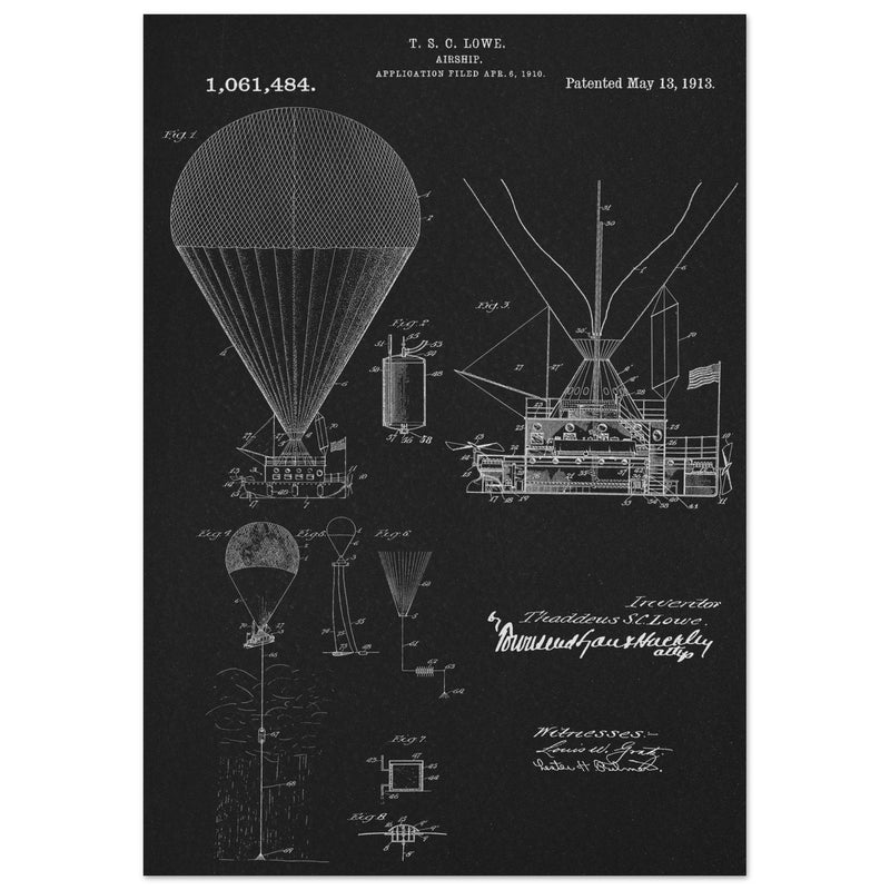 Airship patent illustration by T S C Lowe. Air Balloon