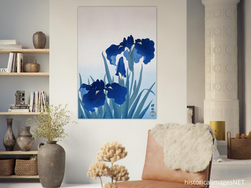 Irises by Ohara Koson Beautiful blue flowers woodblock painting in an