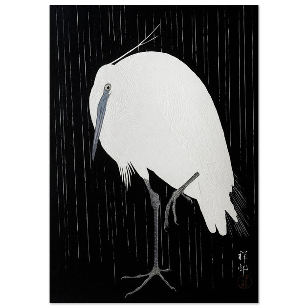 Egret in the rain by Ohara Koson woodblock print