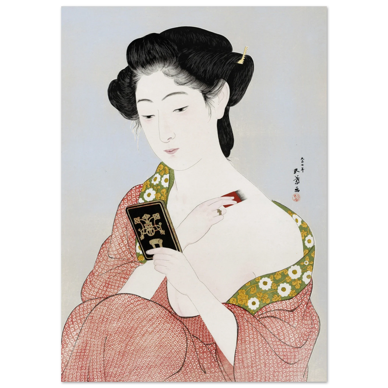 Hashiguchi Goyo woodblock print Make up Japanese woman applying make up and looking at her mirror