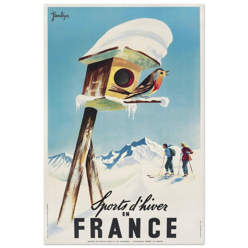 Winter sports in France. Vintage travel advertising poster promoting skiing and other leisure winter activities.