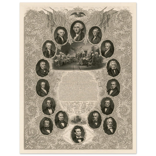 The Declaration of Independence and portraits of the United States  presidents. Walla rt decor