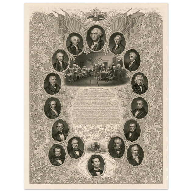 The Declaration of Independence and portraits of the United States  presidents. Walla rt decor
